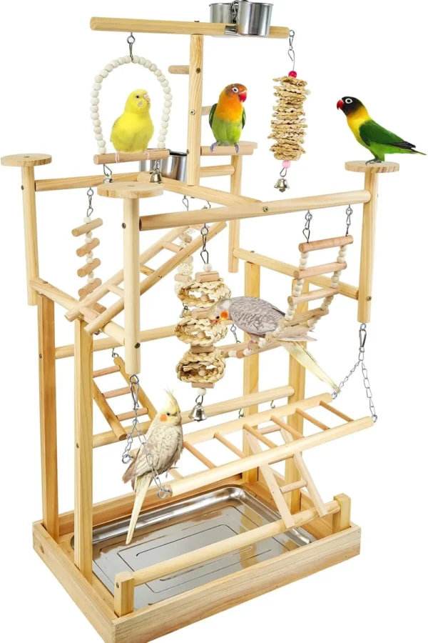 Wooden Bird Playstand – Parrot Gym with Perches & Stainless Cups