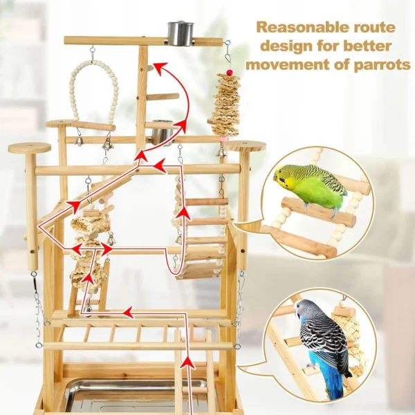 Wooden Bird Playstand – Parrot Gym with Perches & Stainless Cups - Image 3