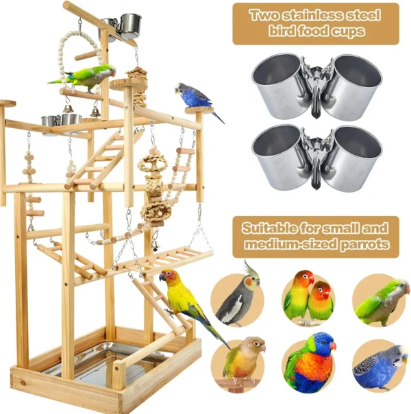 Wooden Bird Playstand – Parrot Gym with Perches & Stainless Cups - Image 5