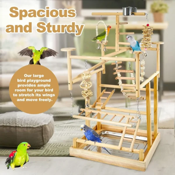 Wooden Bird Playstand – Parrot Gym with Perches & Stainless Cups - Image 7