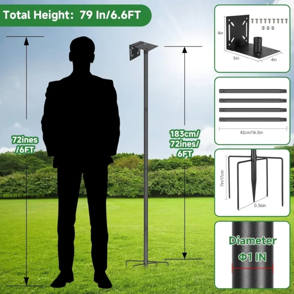 79in Adjustable Bird Feeder Pole – Heavy-Duty Metal Stand (Black) - Image 5