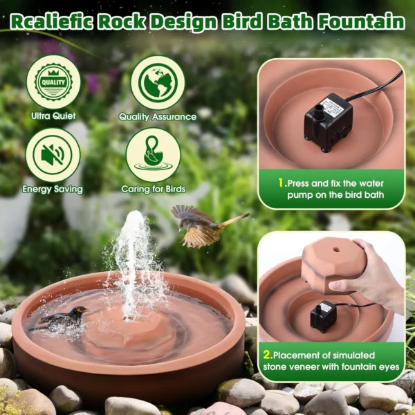 8W Bird Bath with Fountain Pump – Adjustable Flow & Nozzles for Outdoor Use - Image 5